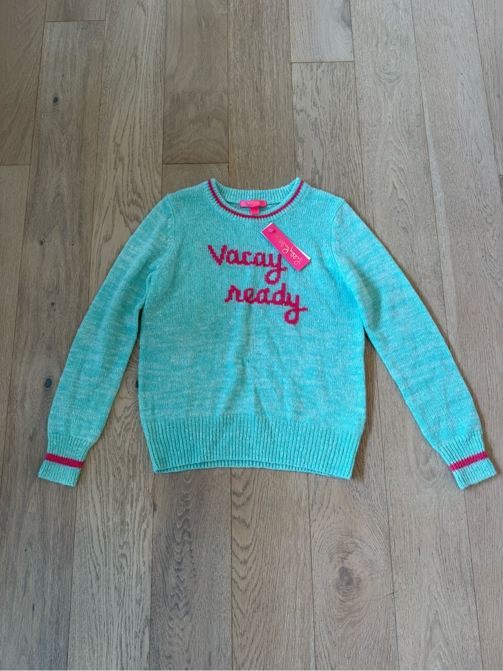 Lilly Pulitzer Mint Crewneck Sweater with Pink Script